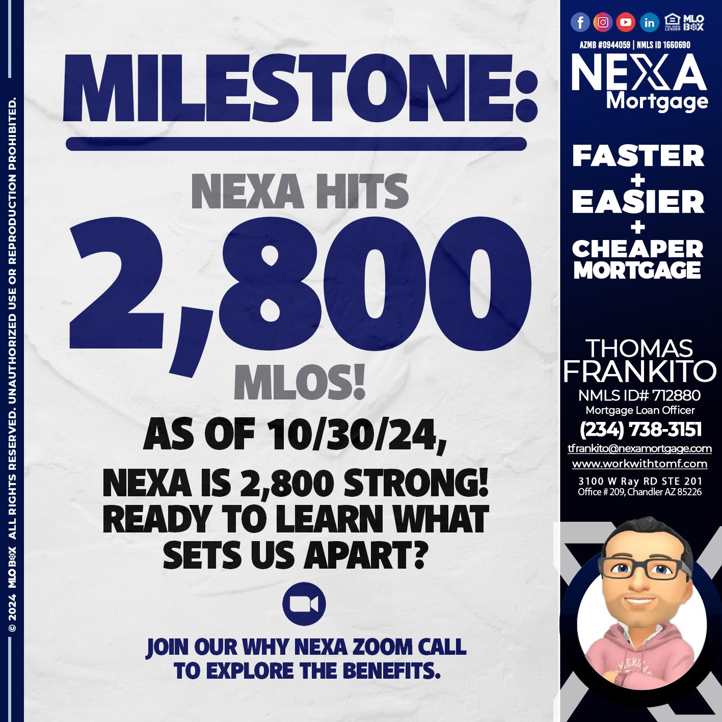 MILESTONE 2,800 - Thomas Frankito -Mortgage Loan Officer