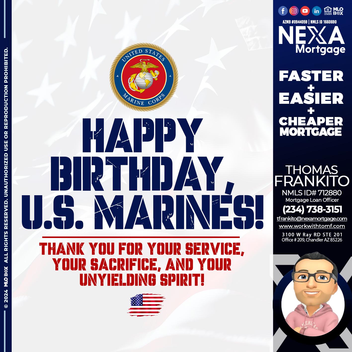 US MARINE BIRTHDAY - Thomas Frankito -Mortgage Loan Officer