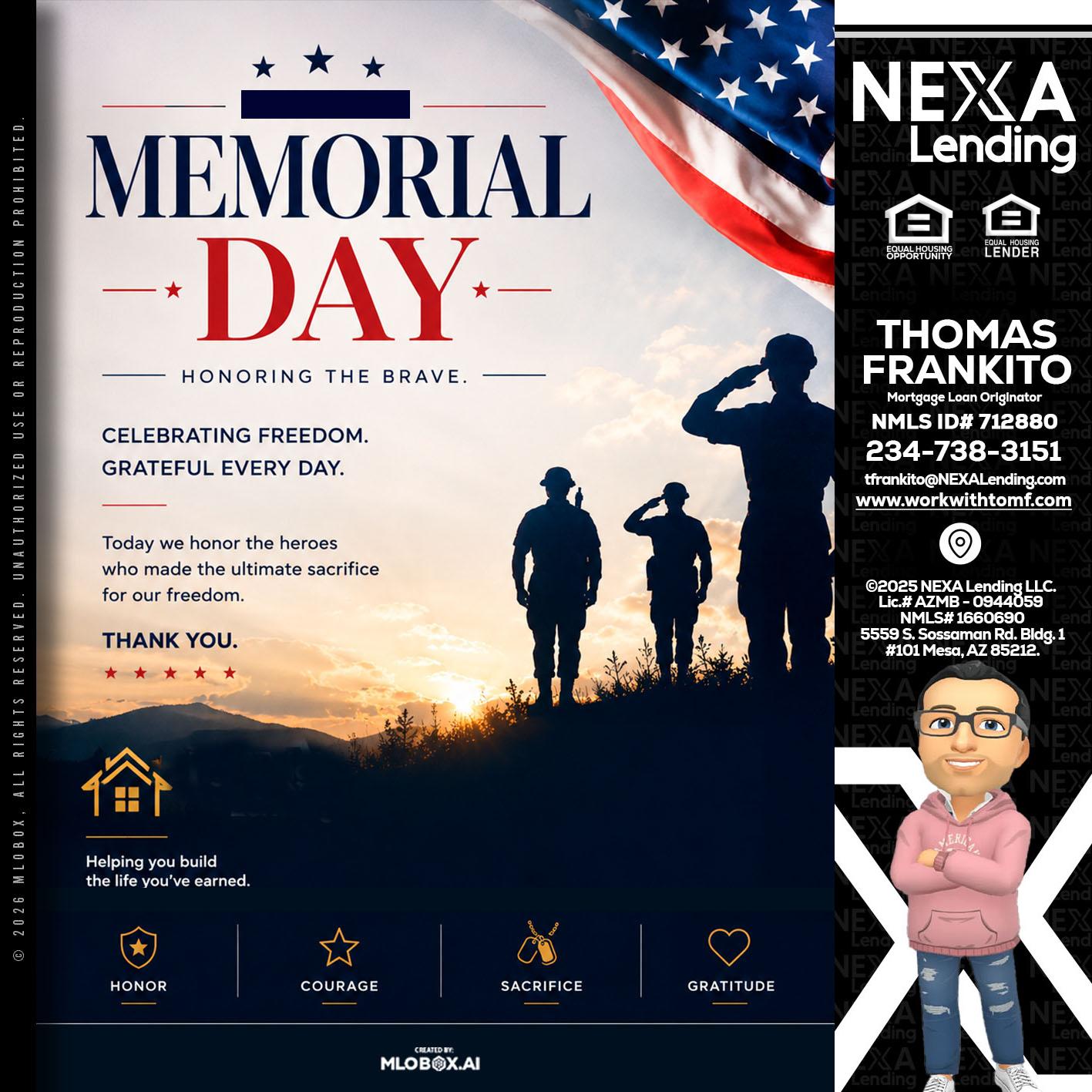 MEMORIAL DAY - Thomas Frankito -Mortgage Loan Officer