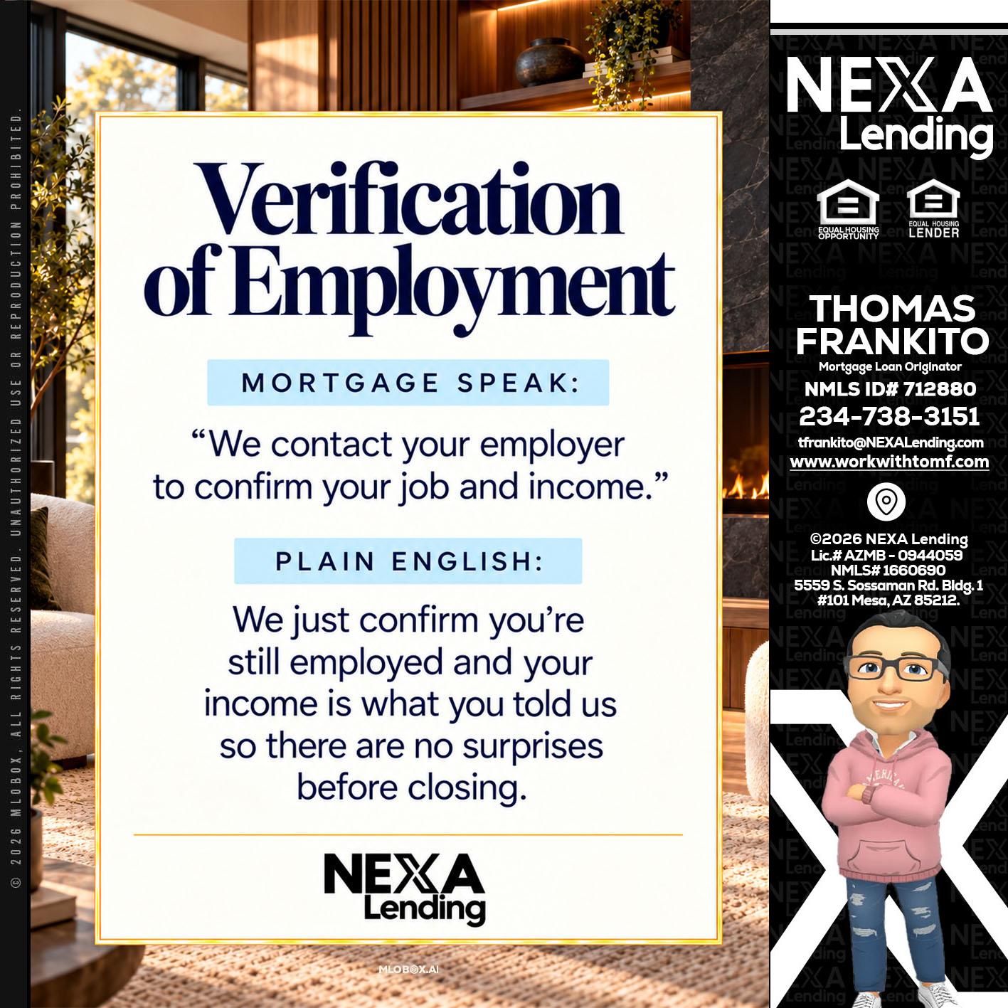 VERIFICATION OF EMPLOYMENT - Thomas Frankito -Mortgage Loan Officer